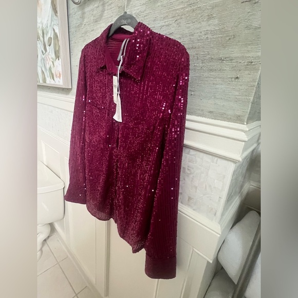 NWT new medium Anthropologie Remoe sequin button down shirt raspberry pink red - Picture 12 of 13